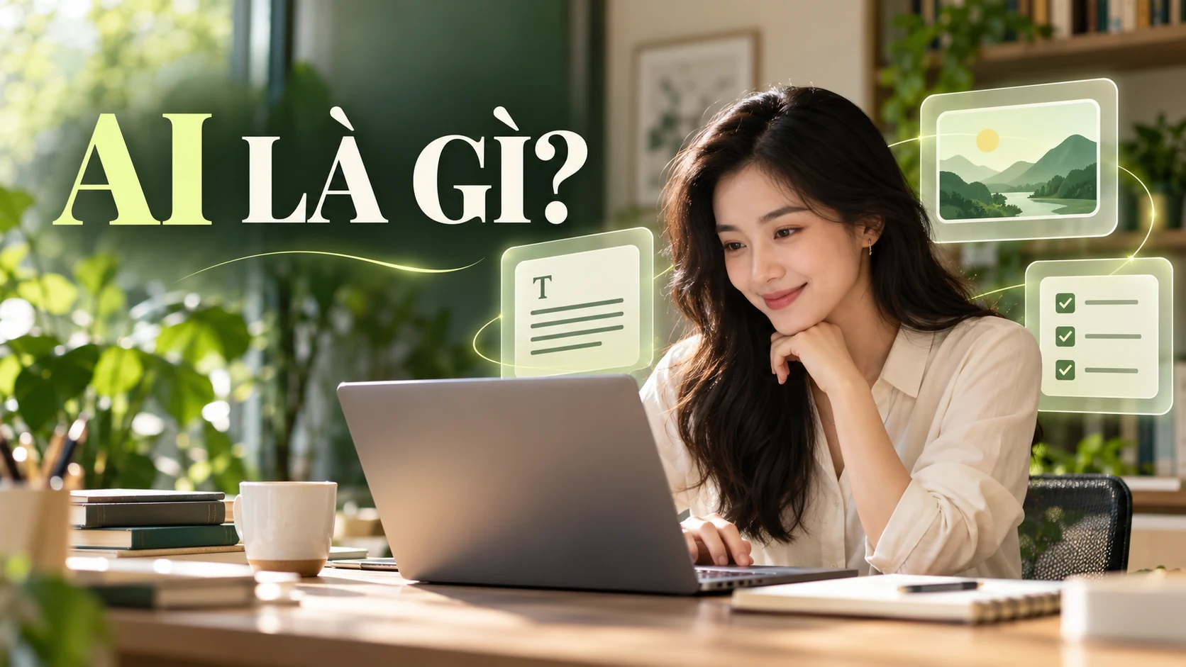 Nhân viên văn phòng tìm hiểu AI qua tài liệu, hình ảnh và danh sách công việc