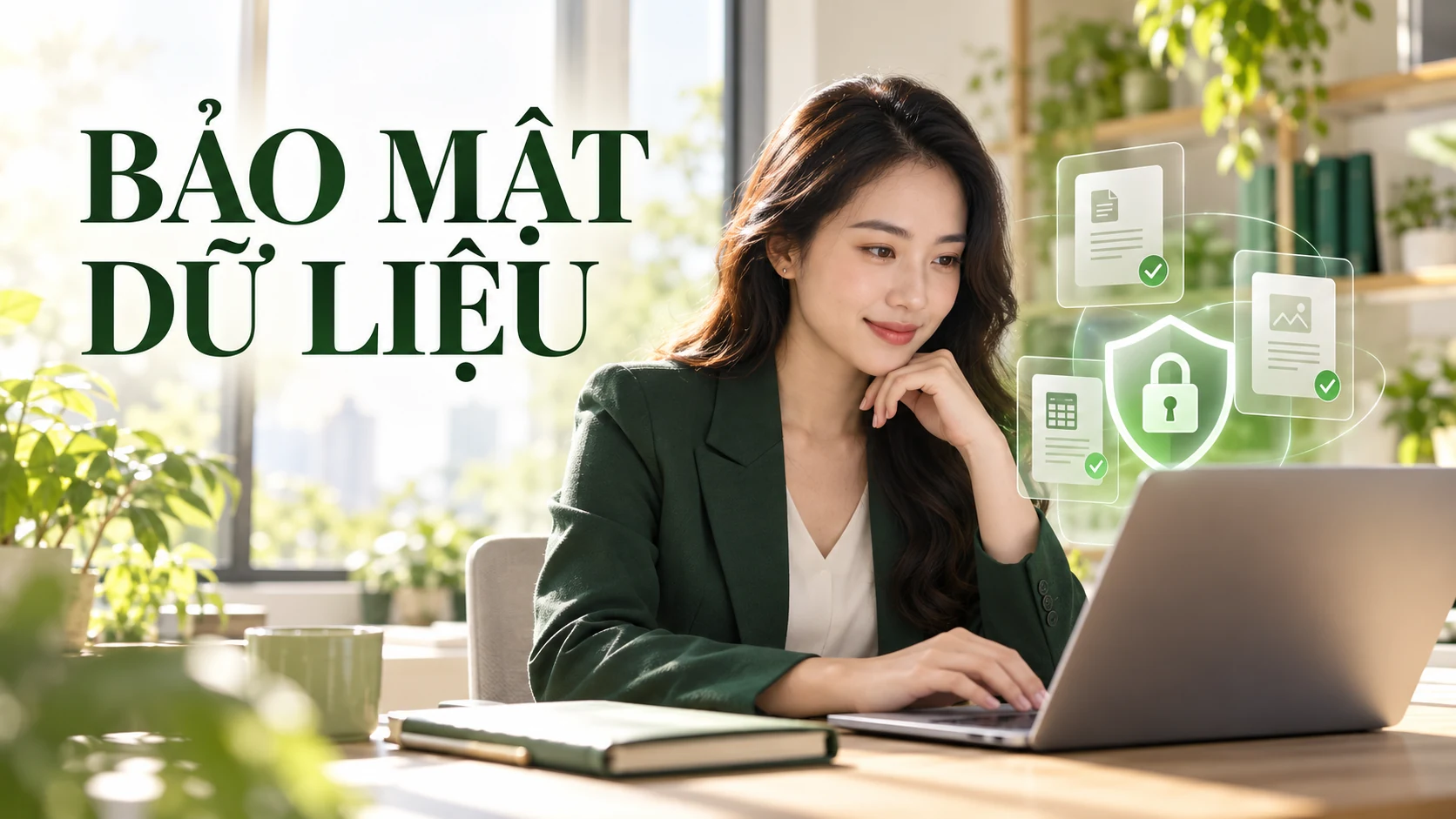 Nhân viên kiểm tra quyền sử dụng dữ liệu với biểu tượng khóa và tài liệu