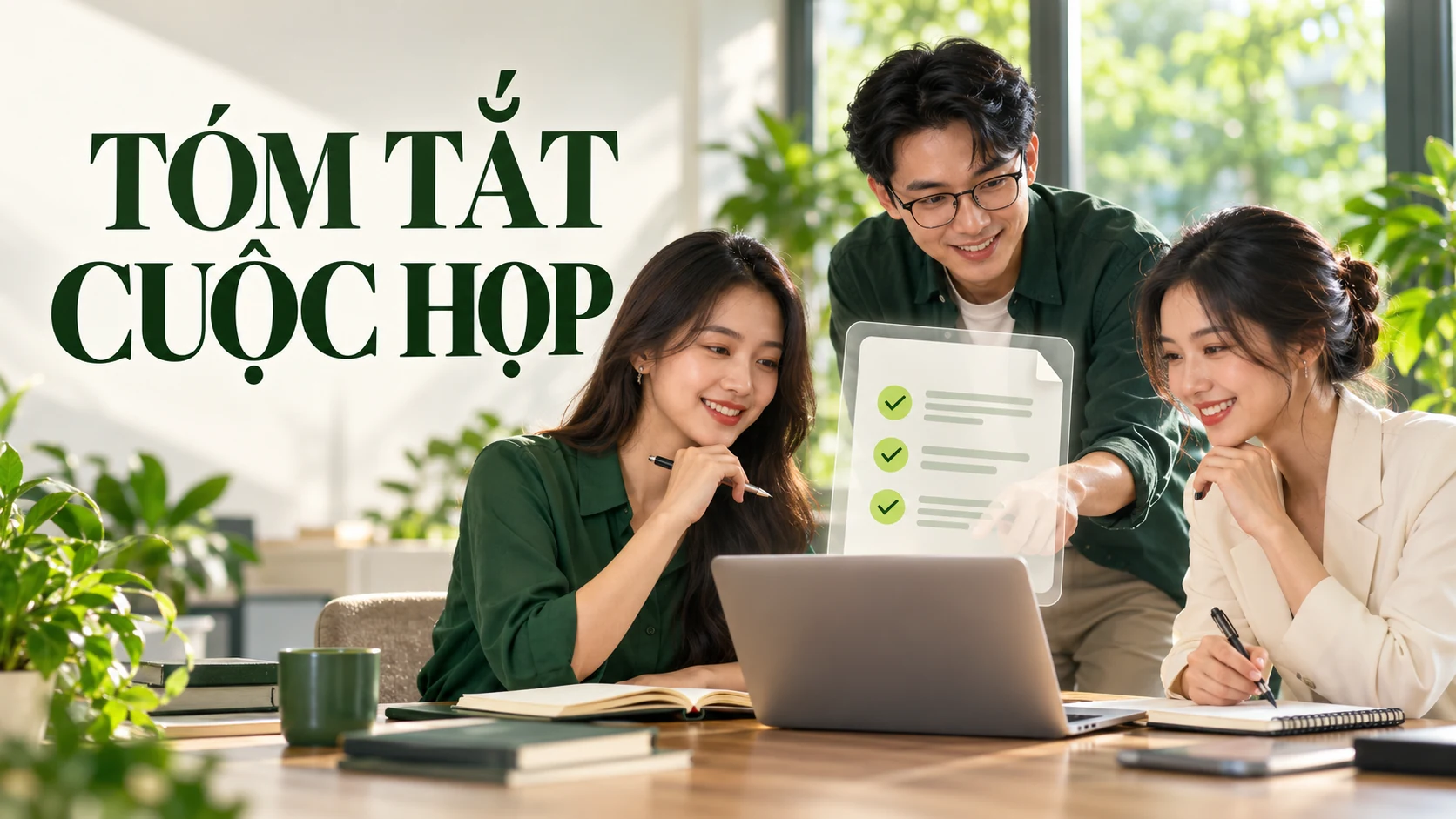 Nhóm đồng nghiệp xem bản tóm tắt và danh sách việc sau cuộc họp
